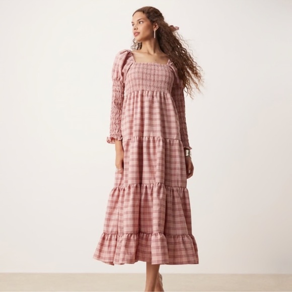NWT Sister Jane Pink Plaid Smocked Tiered Long Sleeve Midi Dress Sz Small - Picture 1 of 7